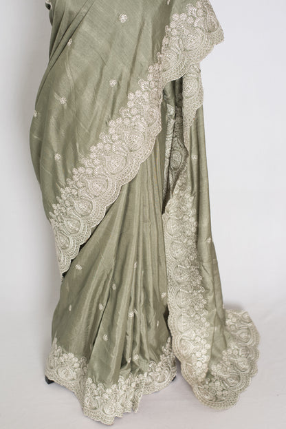 Hema | Sage Green Semi Tussar Silk Saree | Machine Embroidery & Scalloped Border image 5