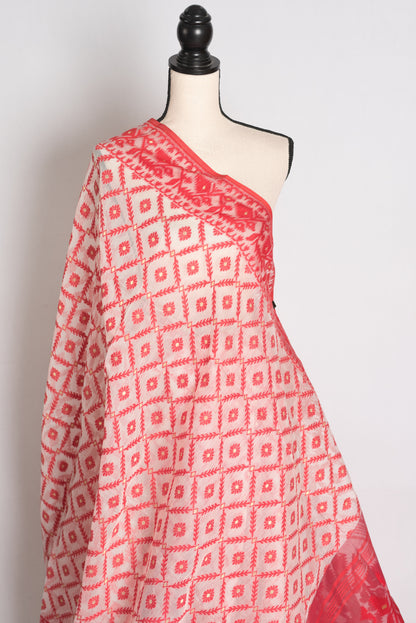 Ila : White and Red Blended Soft Cotton Bengali Jamdani Saree image 3