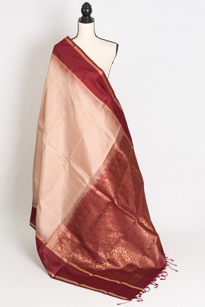 Latha : Silk Mark Certified Cream and Red Checks Kanjeevaram Silk Saree image 1