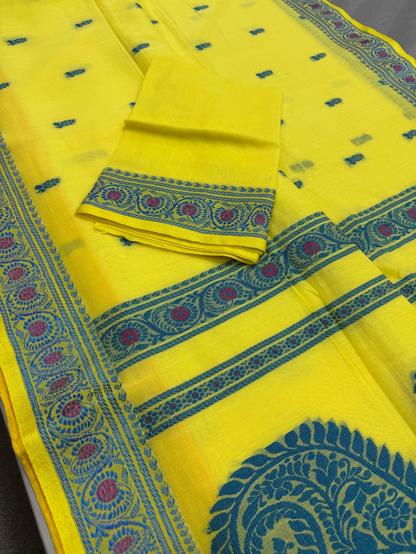 Sejuti : Bright Yellow and Teal Cotton Baluchari Saree image 1