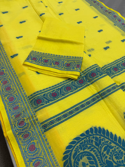 Sejuti : Bright Yellow and Teal Cotton Baluchari Saree image 1