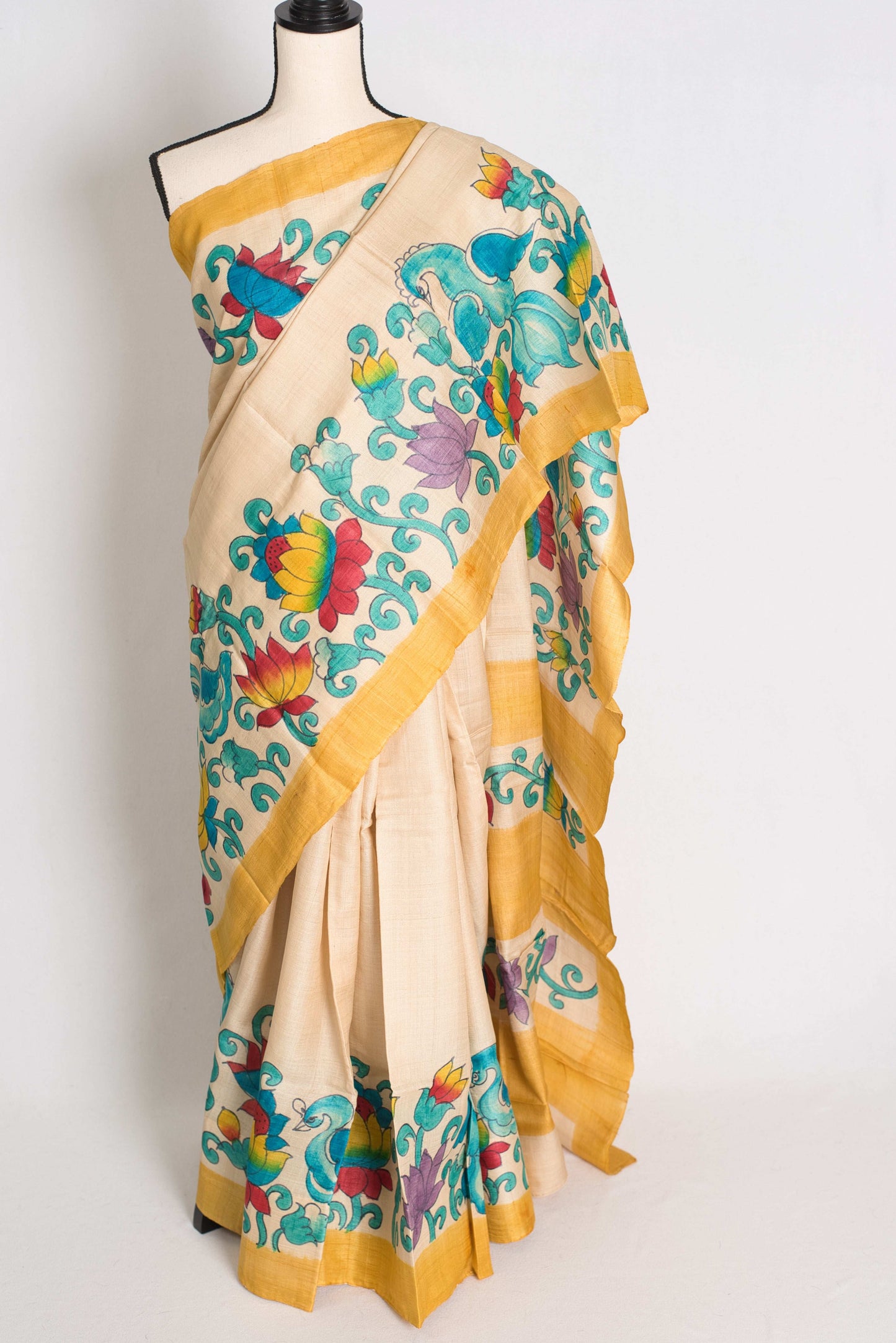 Kala : Hand Painted Kalamkari Tussar Silk Saree in Cream and Yellow image 0