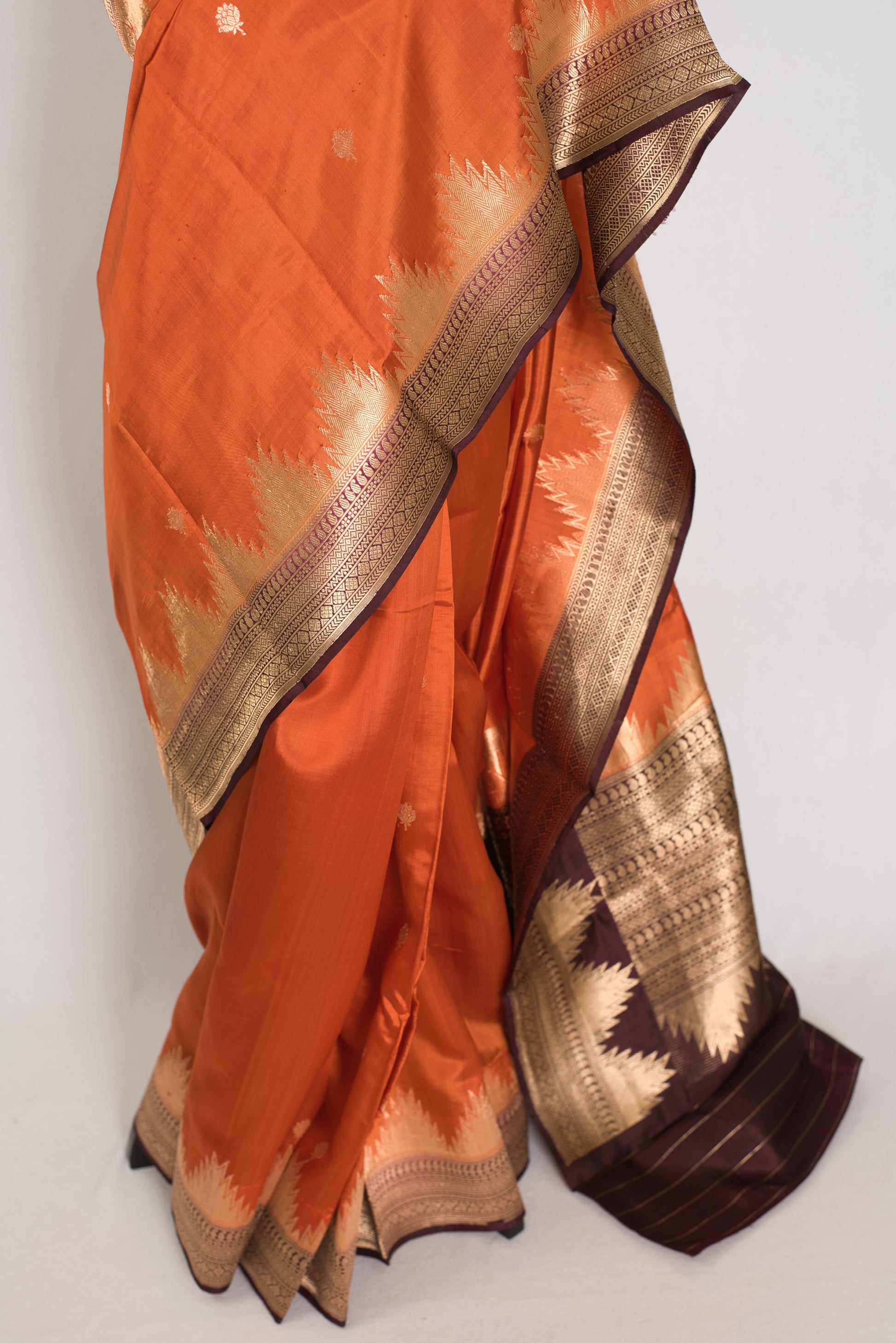Bina: Rust Orange Pure Silk Banarasi Saree with Temple Border image 5