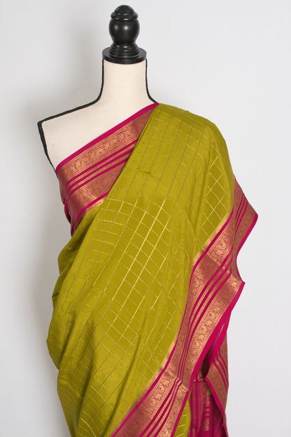 Maya – Moss Green and Dark Pink Checked Pure Mysore Silk Saree image 6