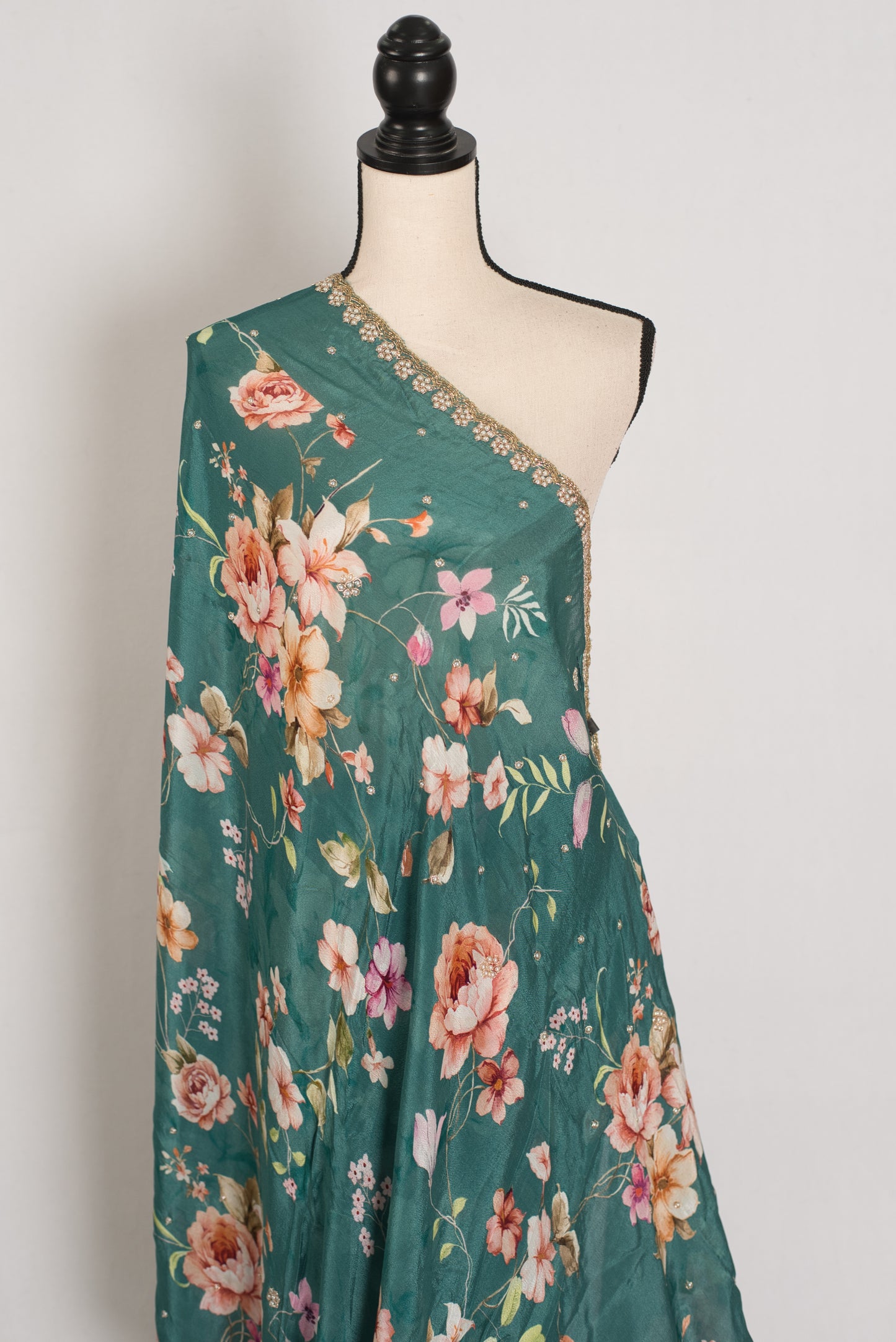 Afrin: Teal Floral Chinon Crepe Saree with Hand-Embroidered Pearl Border image 4