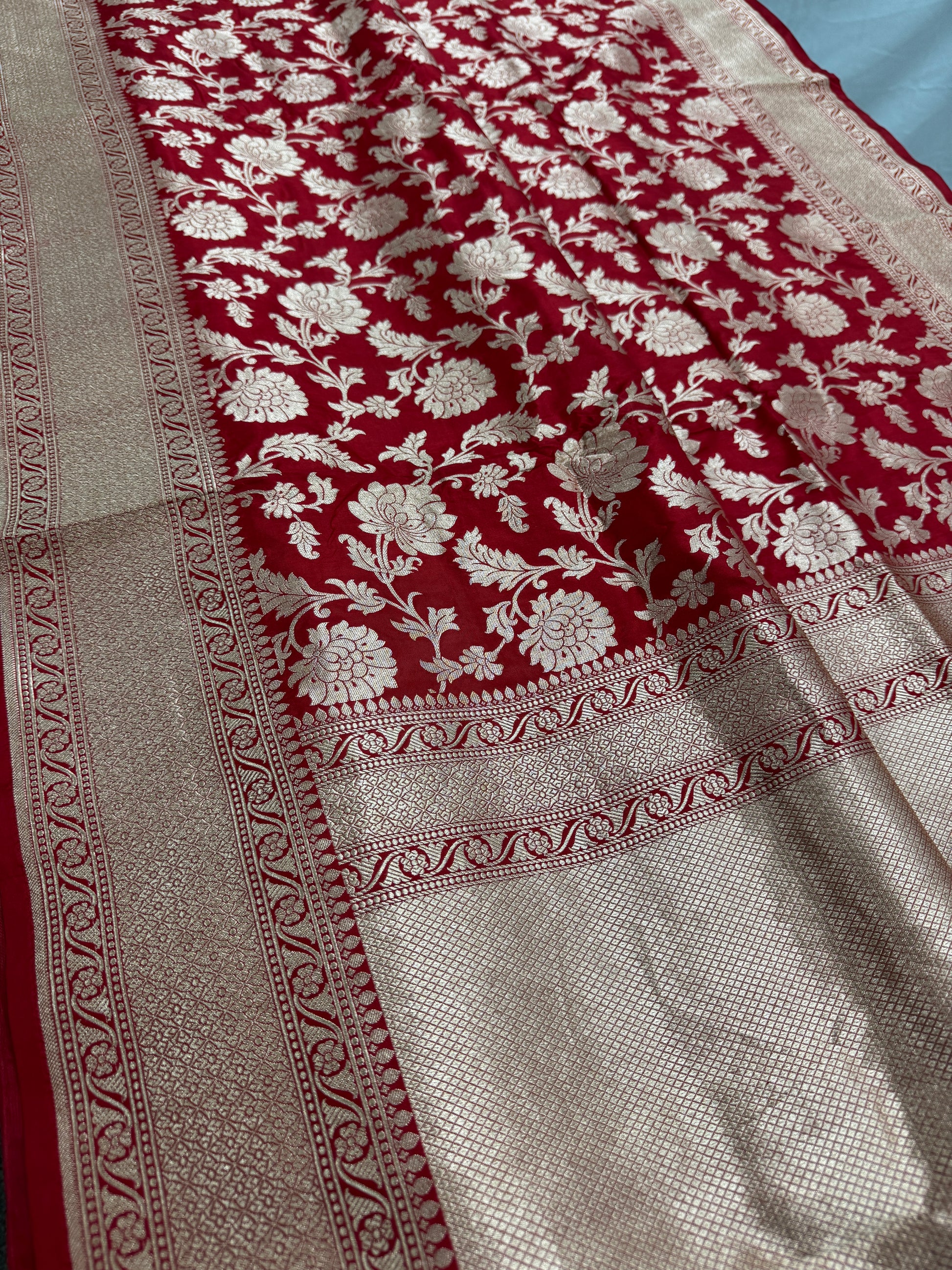 Kumuduni :Silk Mark Certified Red and Gold Bridal Jaal Banarasi Silk Saree image 0