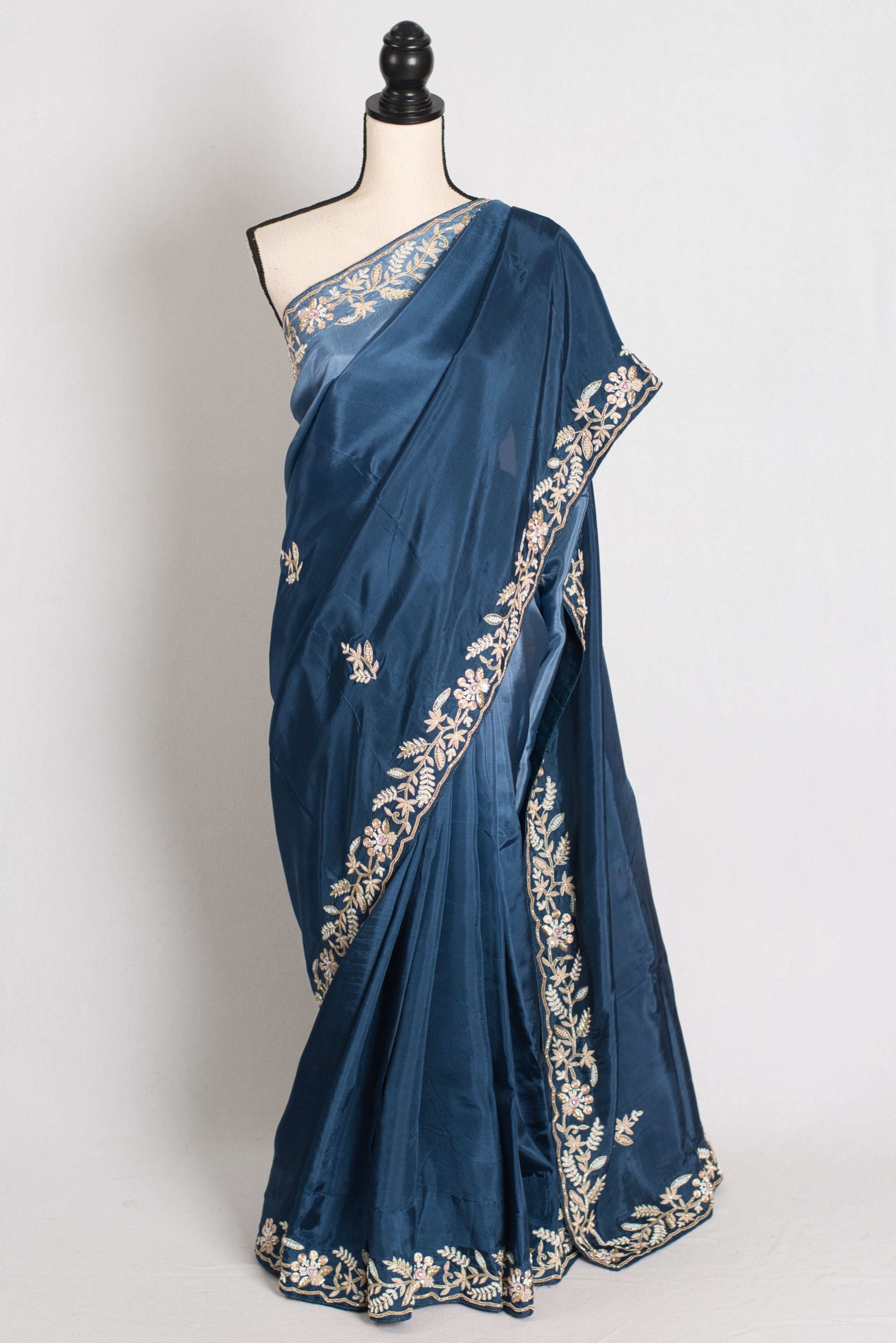 Aanya : Hand Embroidered Zardozi Party Wear Saree in Shades of Blue image 0