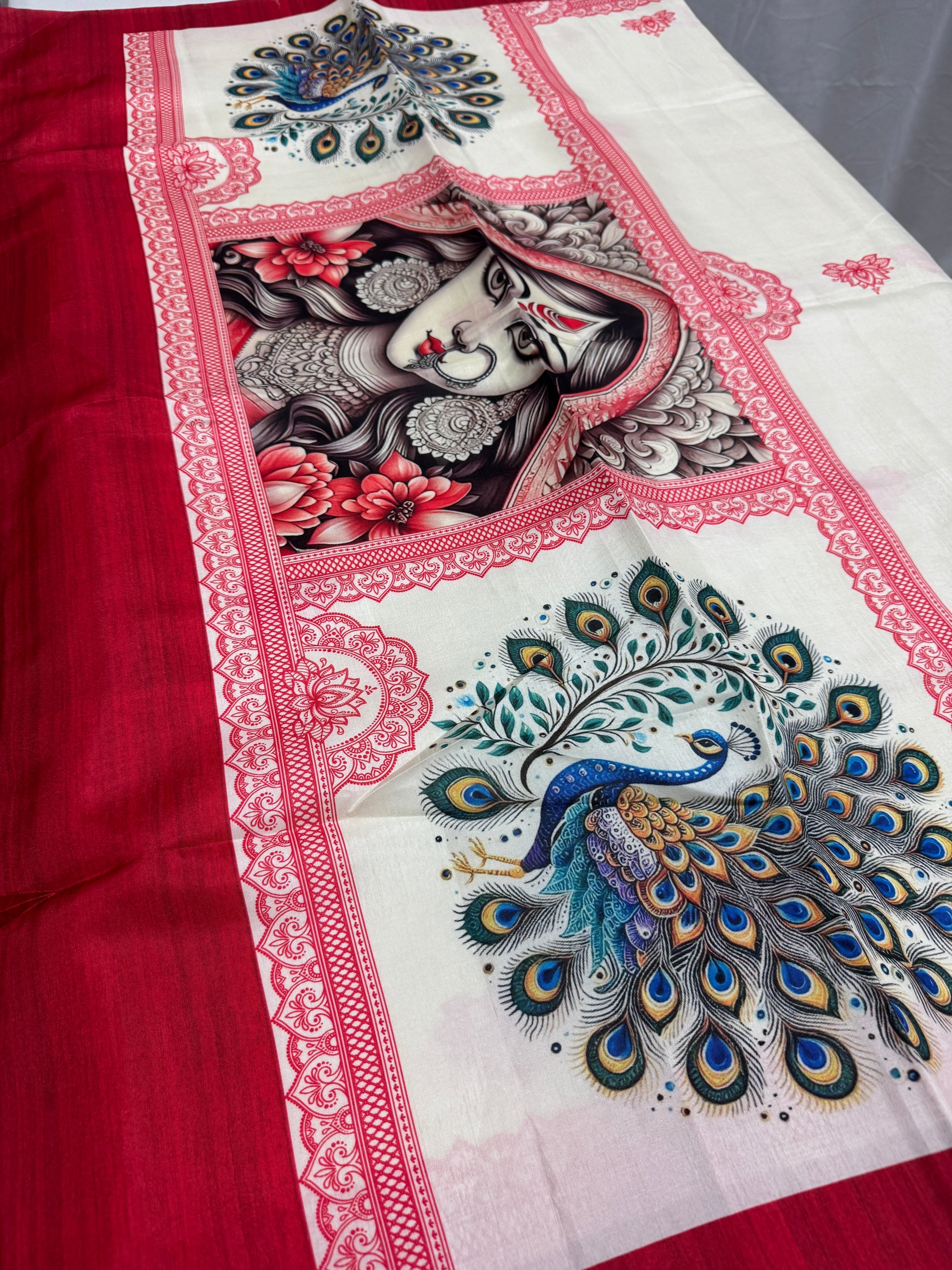 Durgaayana : Off-White and Red Semi Silk Printed Saree for Durga Puja image 2