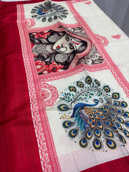 Durgaayana : Off-White and Red Semi Silk Printed Saree for Durga Puja image 2