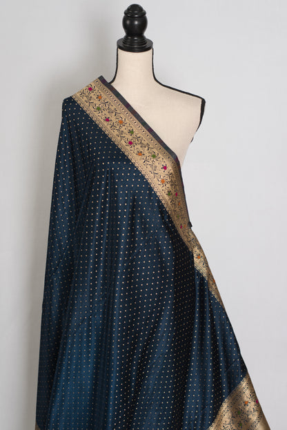 Ratri | Navy Blue Semi Mashru Banarasi Saree | Pre-Stitched Size 44 Blouse image 4
