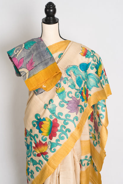 Kala : Hand Painted Kalamkari Tussar Silk Saree in Cream and Yellow image 2