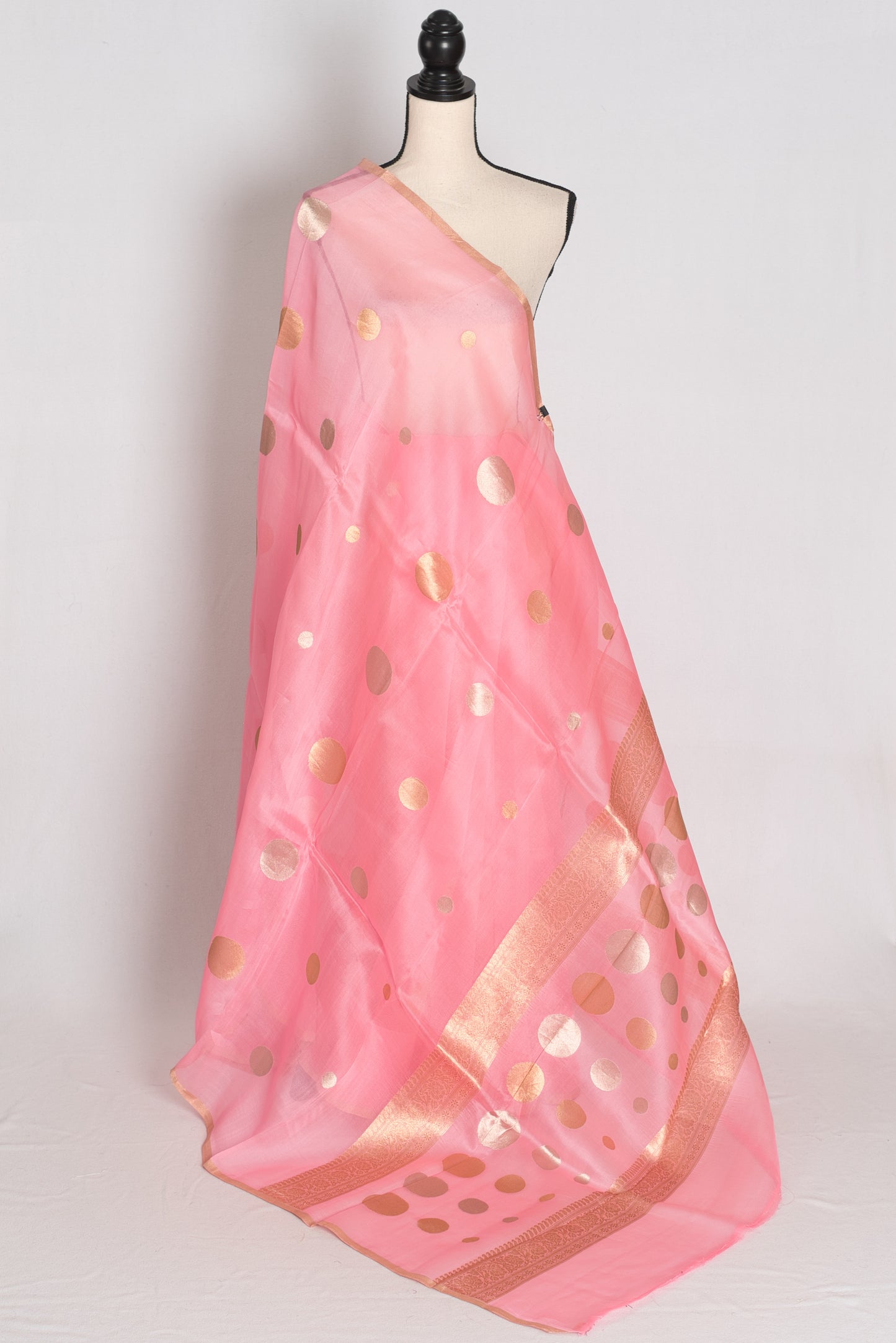 Priya : Pink and Gold Kora Silk Banarasi Saree with Polka Dots image 1