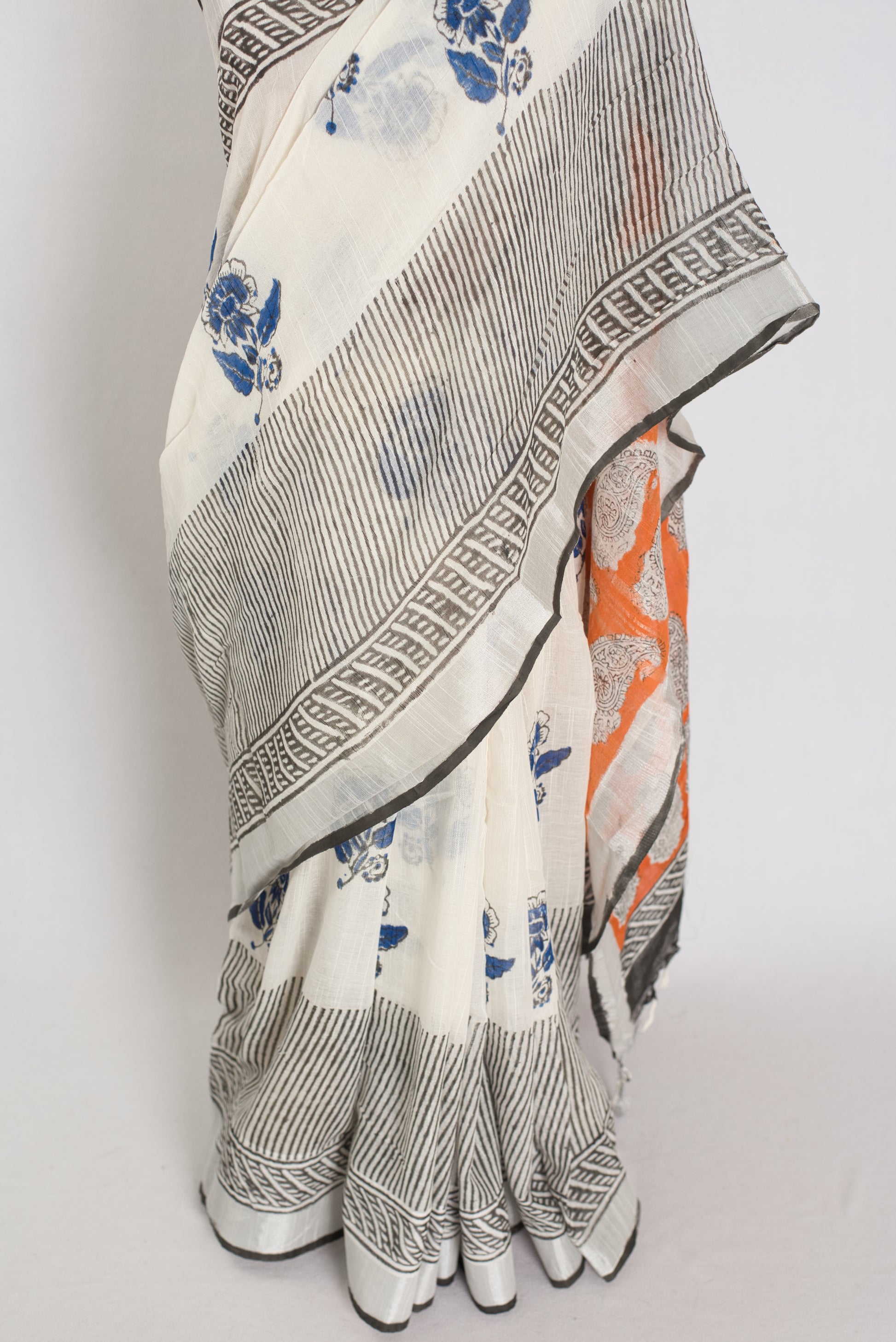 Madhuri: White & Blue Hand Block Printed Saree | Soft Linen Cotton image 6