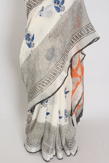 Madhuri: White & Blue Hand Block Printed Saree | Soft Linen Cotton image 6