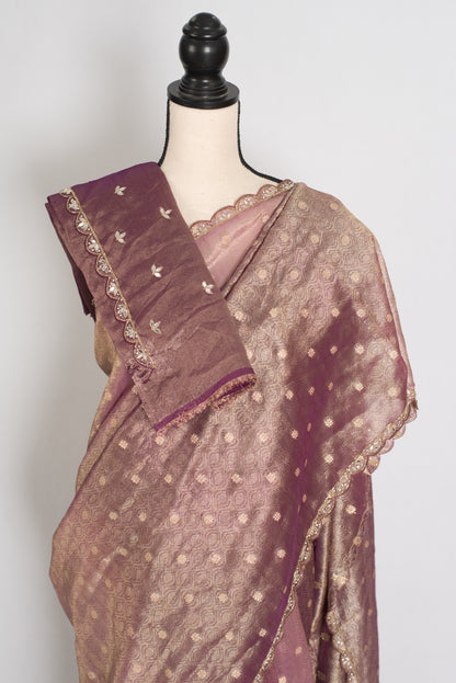 Shobha: Mauve Soft Tissue Saree with Hand Zardosi Embroidery | Partywear image 2