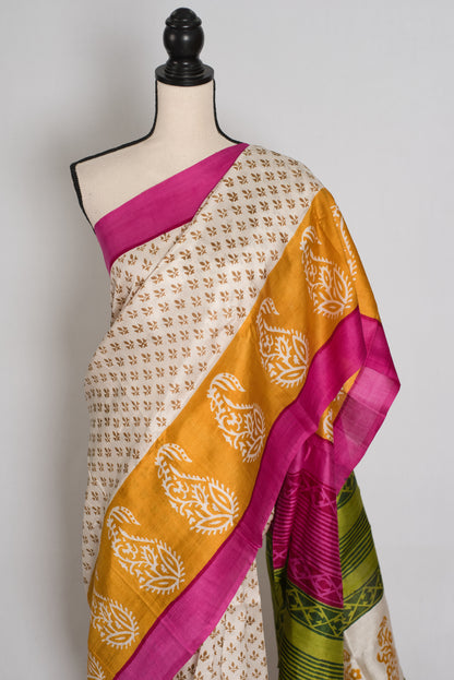 Basanti : Off-White, Pink and Yellow Hand Block Printed Murshidabad Silk Saree image 5