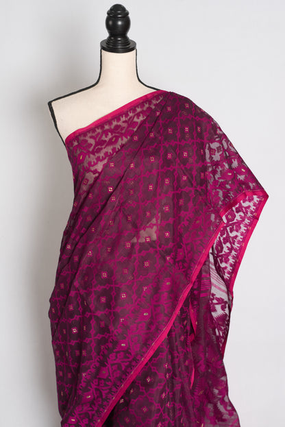 Trina : Magenta Soft Blended Cotton Jamdani Saree image 2