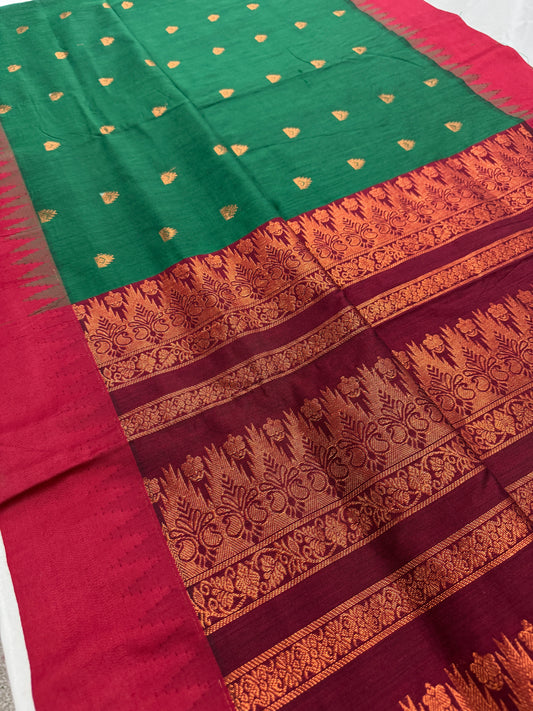 Mouni: Dark Green and Maroon Blended Cotton Gadwal Saree image 0