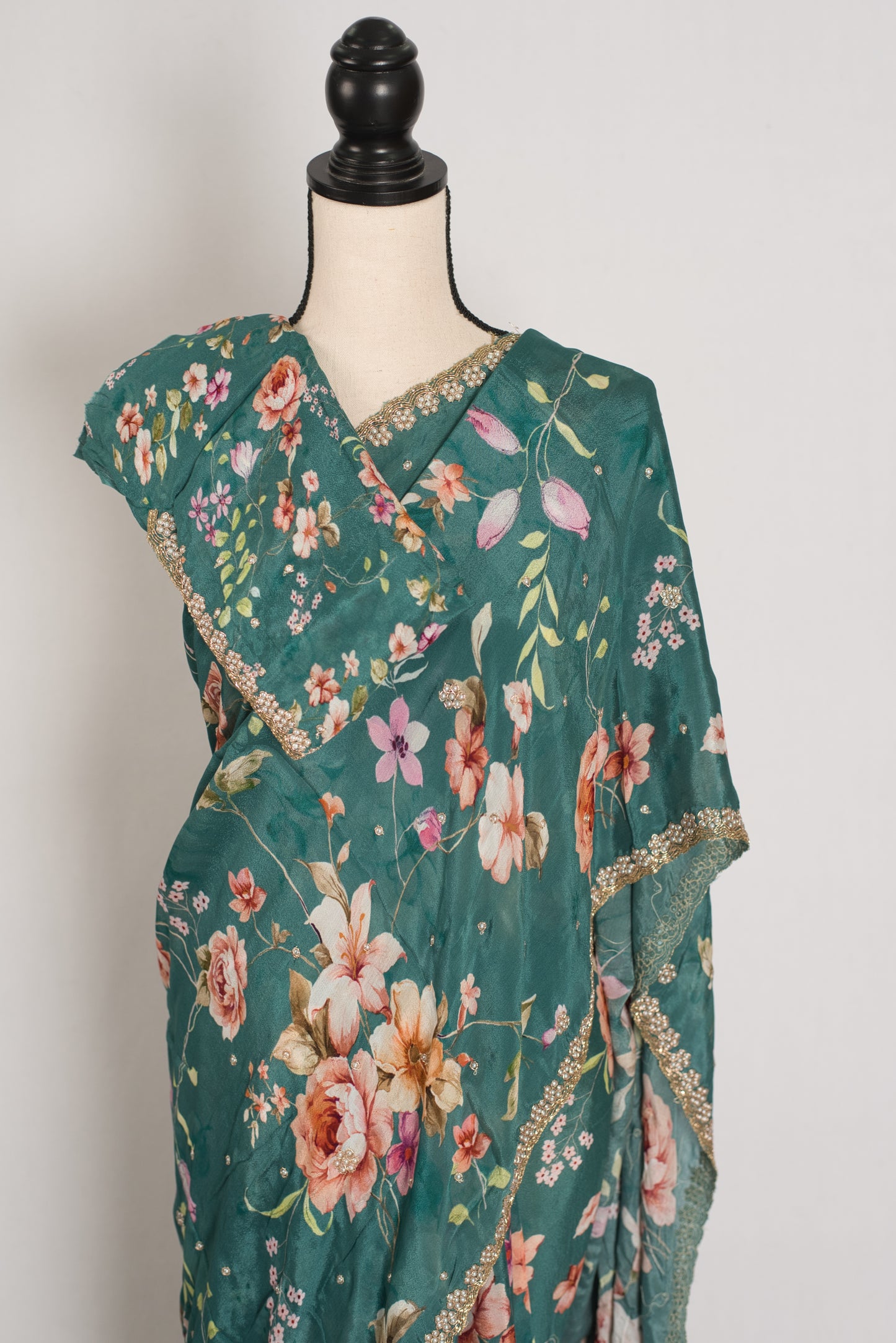 Afrin: Teal Floral Chinon Crepe Saree with Hand-Embroidered Pearl Border image 2