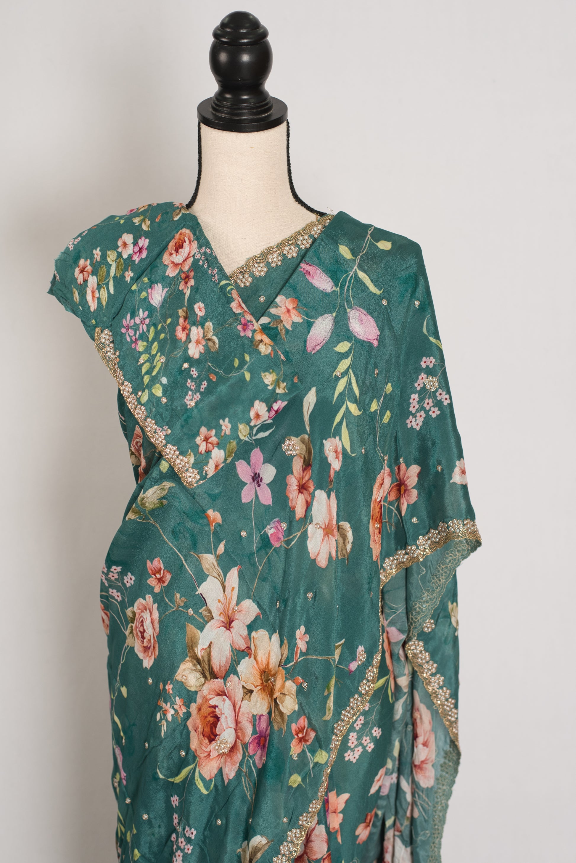 Afrin: Teal Floral Chinon Crepe Saree with Hand-Embroidered Pearl Border image 2
