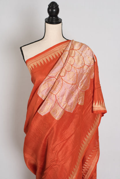 Farah : Rust Orange Tussar Georgette Banarasi Saree with Contemporary Design image 6