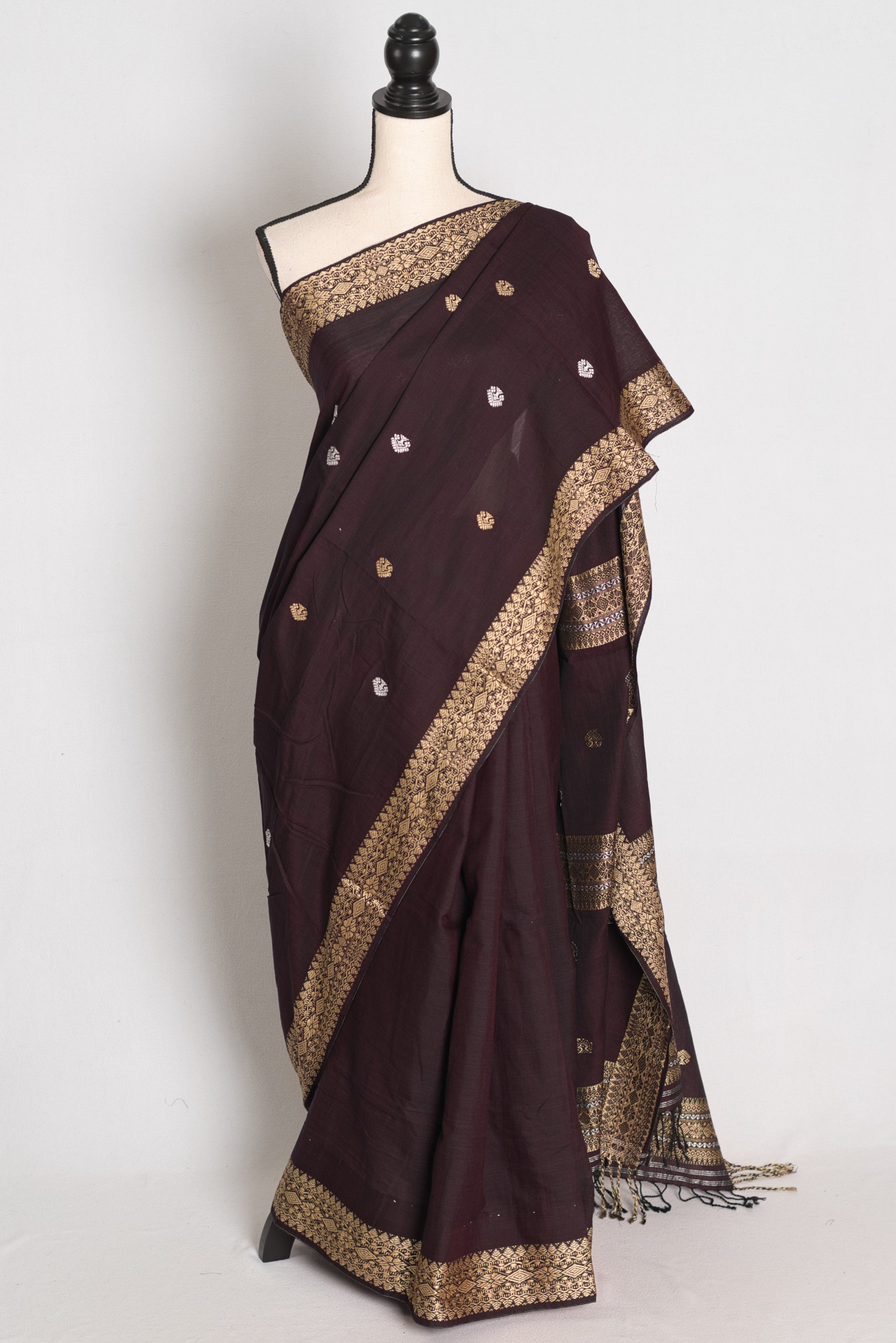 Gracy : Deep Coffee Brown Pure Cotton Assamese Handloom Saree image 0