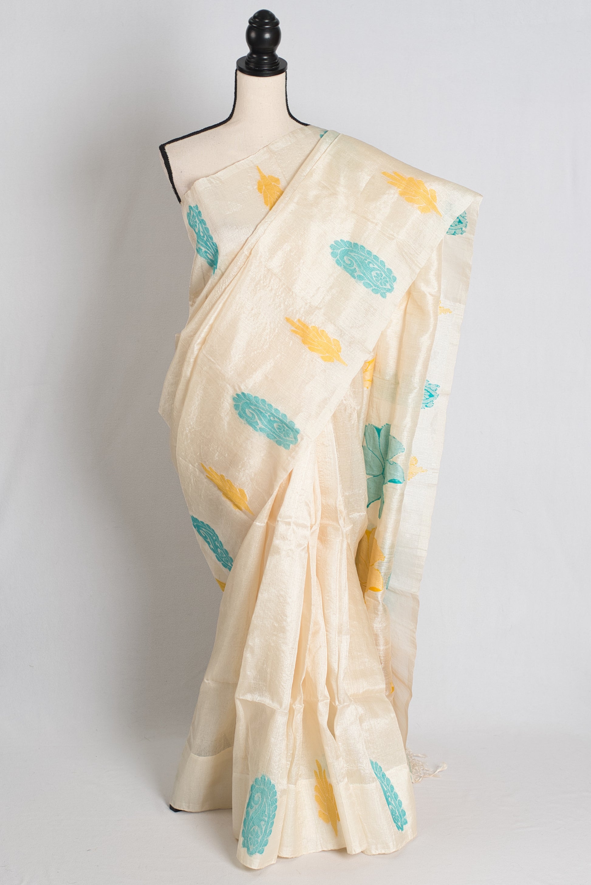 Laboni : Handwoven Bengal Tussar Saree in Cream, Yellow and Blue image 0