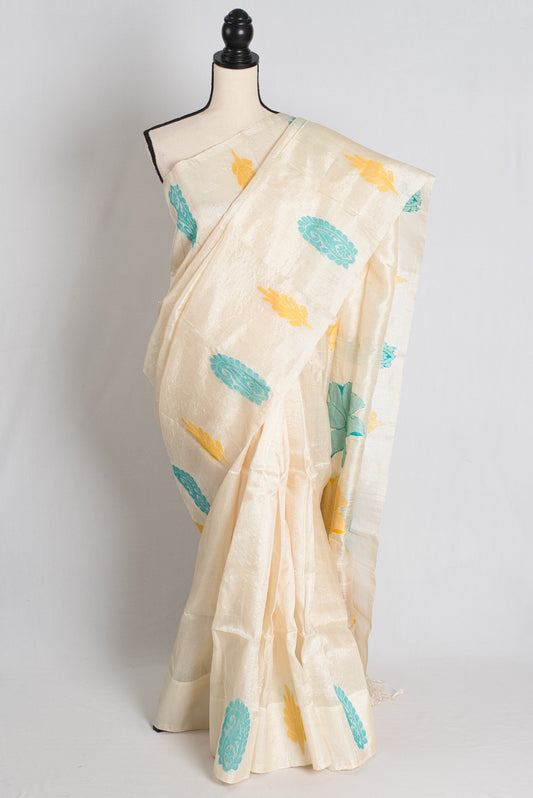 Laboni : Handwoven Bengal Tussar Saree in Cream, Yellow and Blue image 0