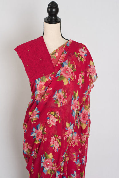 Indra : Dark Pink Floral Georgette Embroidery Designer Saree image 4