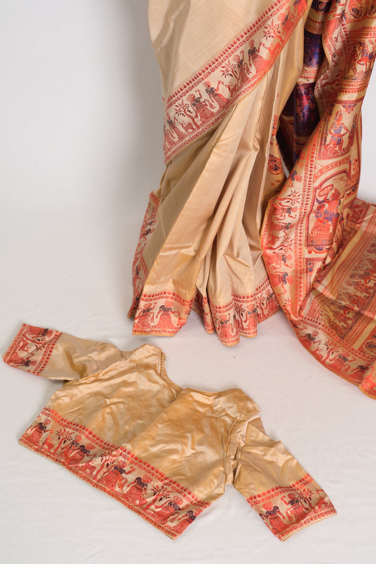 Beige Baluchari saree — drape view