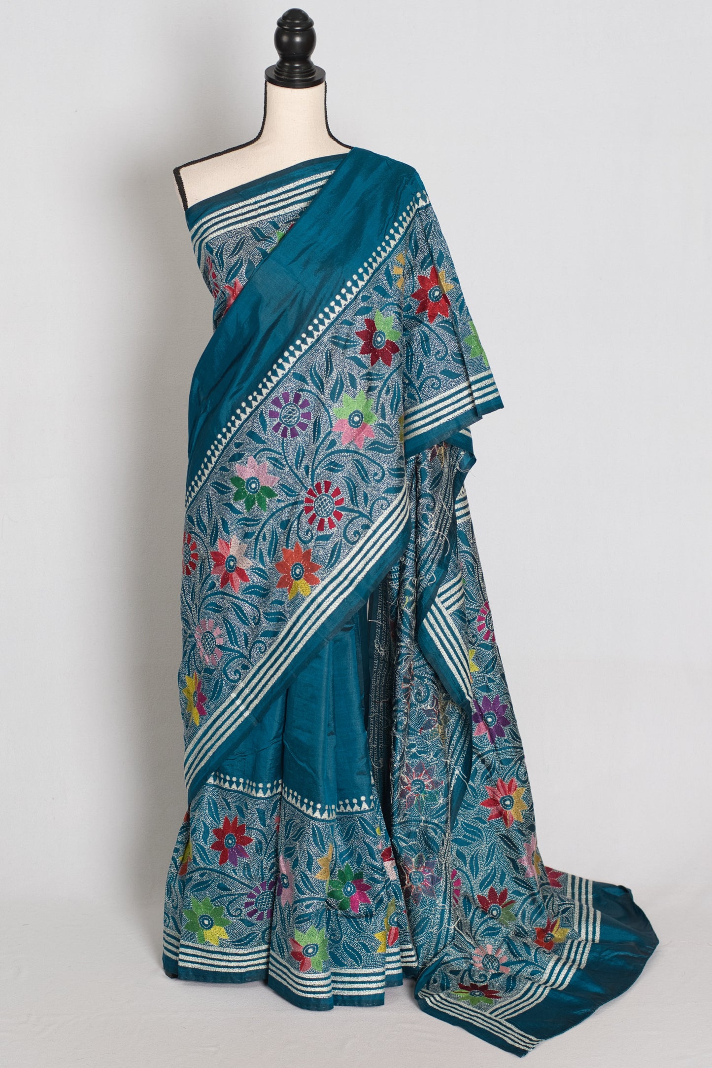 Dhriti : Teal Blue Hand Embroidered Kantha Stitch Pure Bangalore Silk Saree image 0