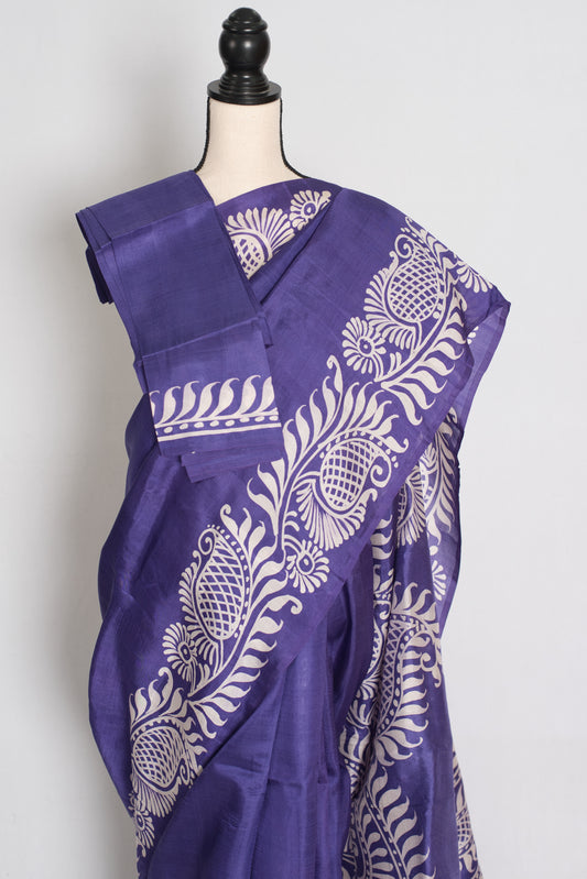 Malathi : Purple and Off-White Hand Batik Pure Murshidabad Silk Saree image 1