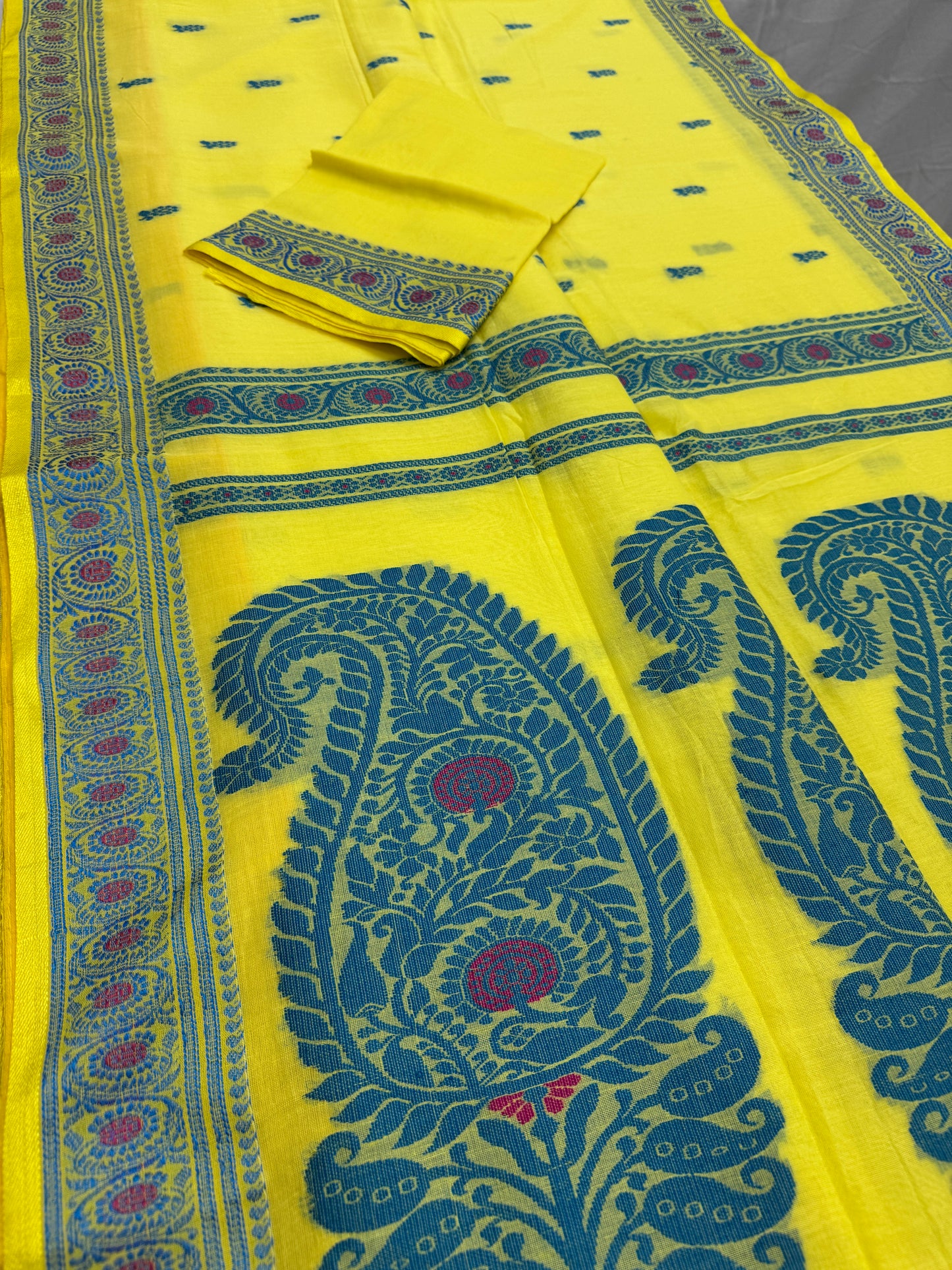 Sejuti : Bright Yellow and Teal Cotton Baluchari Saree image 3