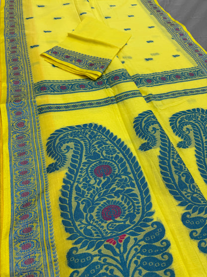 Sejuti : Bright Yellow and Teal Cotton Baluchari Saree image 3