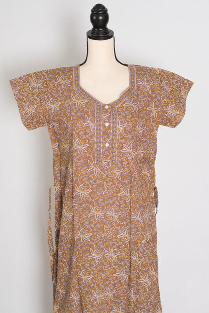 Earth Toned Pure Cotton Kalamkari Print Long Nightgown image 0