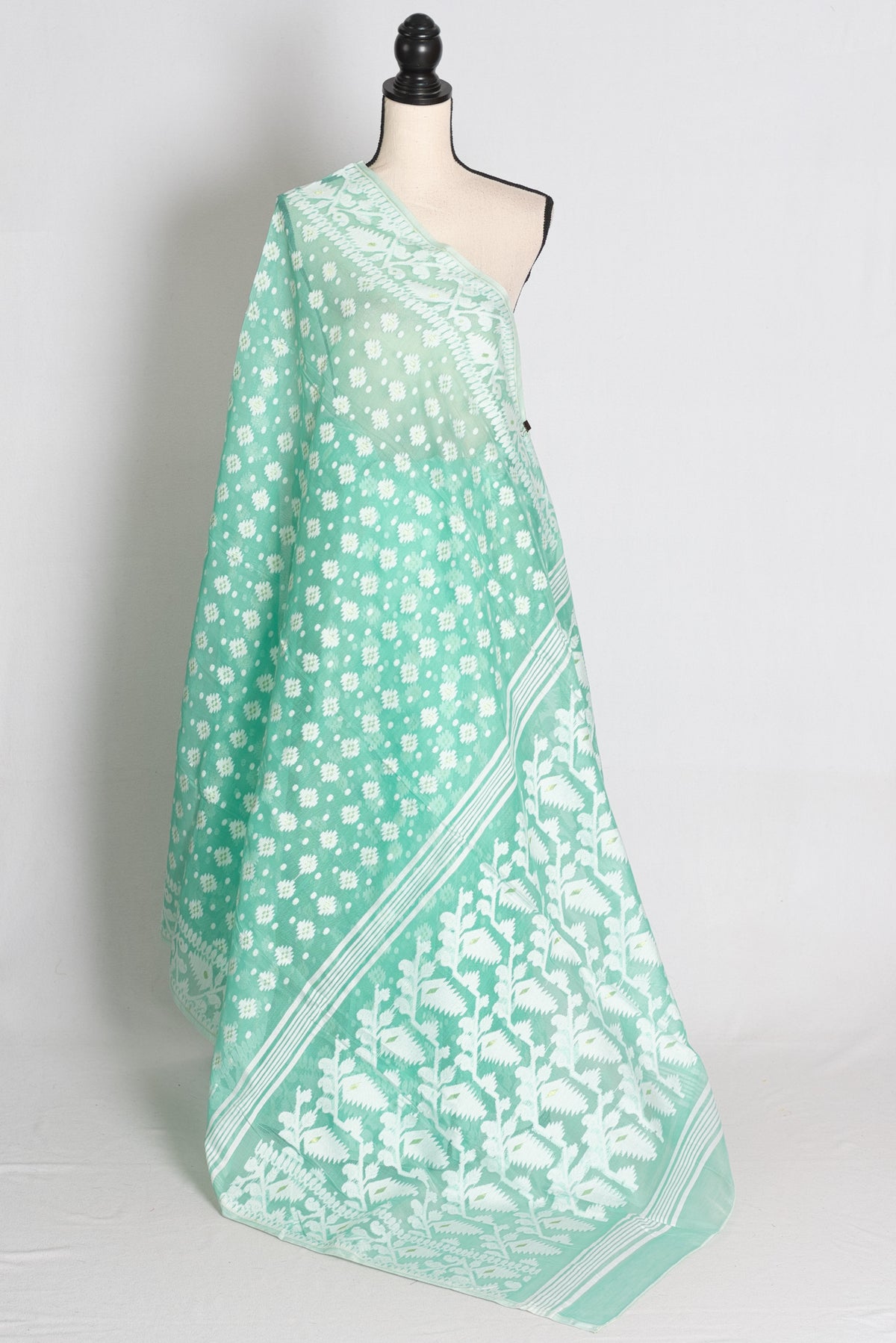 Sea Green and White Jamdani saree — front view