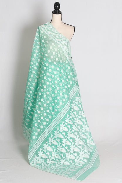 Sea Green and White Jamdani saree — front view