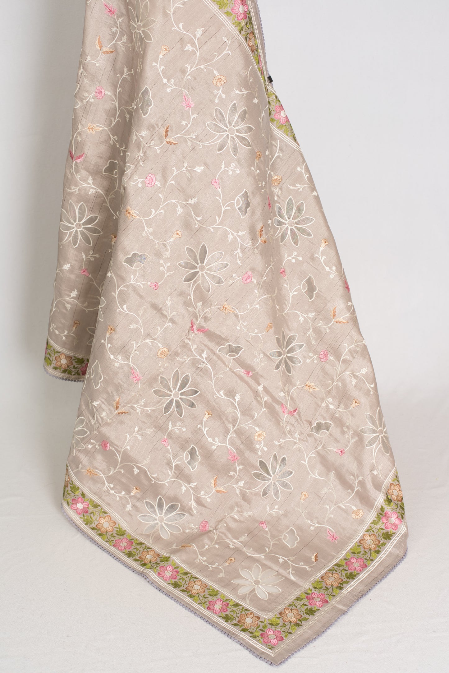 Sriti: Dove Grey Semi Tussar Silk Saree with Floral Cut Work Embroidery image 4
