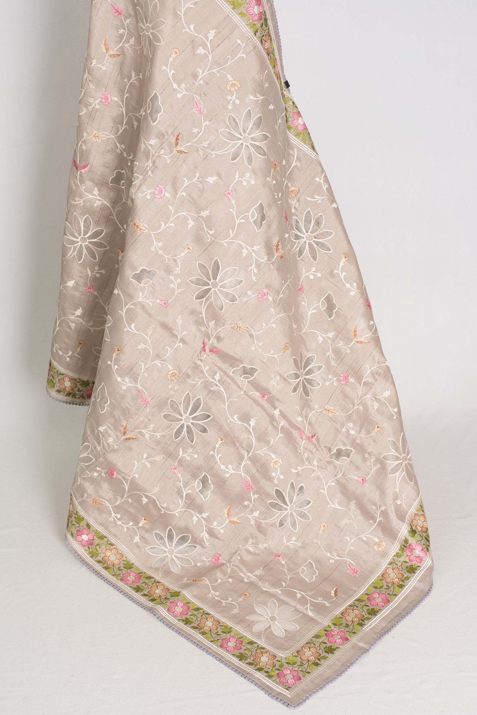 Sriti: Dove Grey Semi Tussar Silk Saree with Floral Cut Work Embroidery image 4