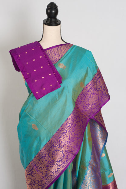 Neera | Cyan Blue & Royal Purple Silk Mark Certified Katan Banarasi Saree image 2