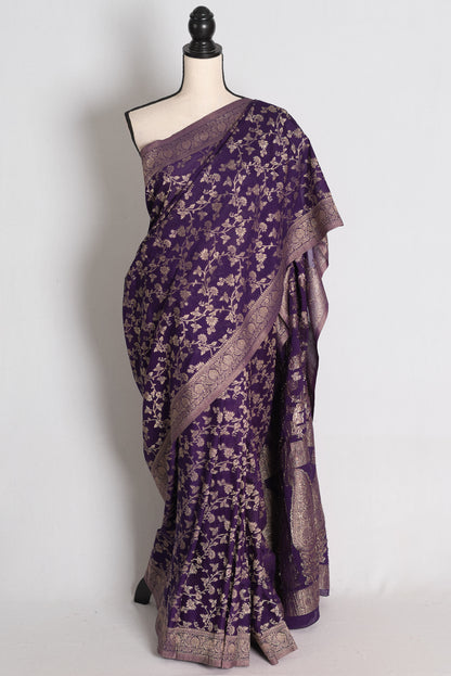 Afrin: Purple and Gold Semi Georgette Jaal Banarasi Saree image 0