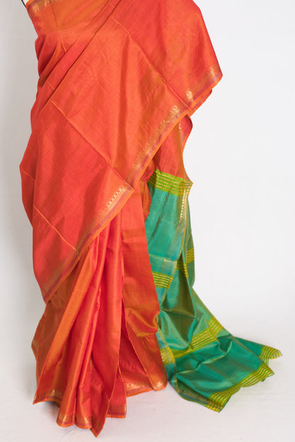 Sameera : Lightweight Small Border Bishnupur Katan Silk Saree in Orange image 5
