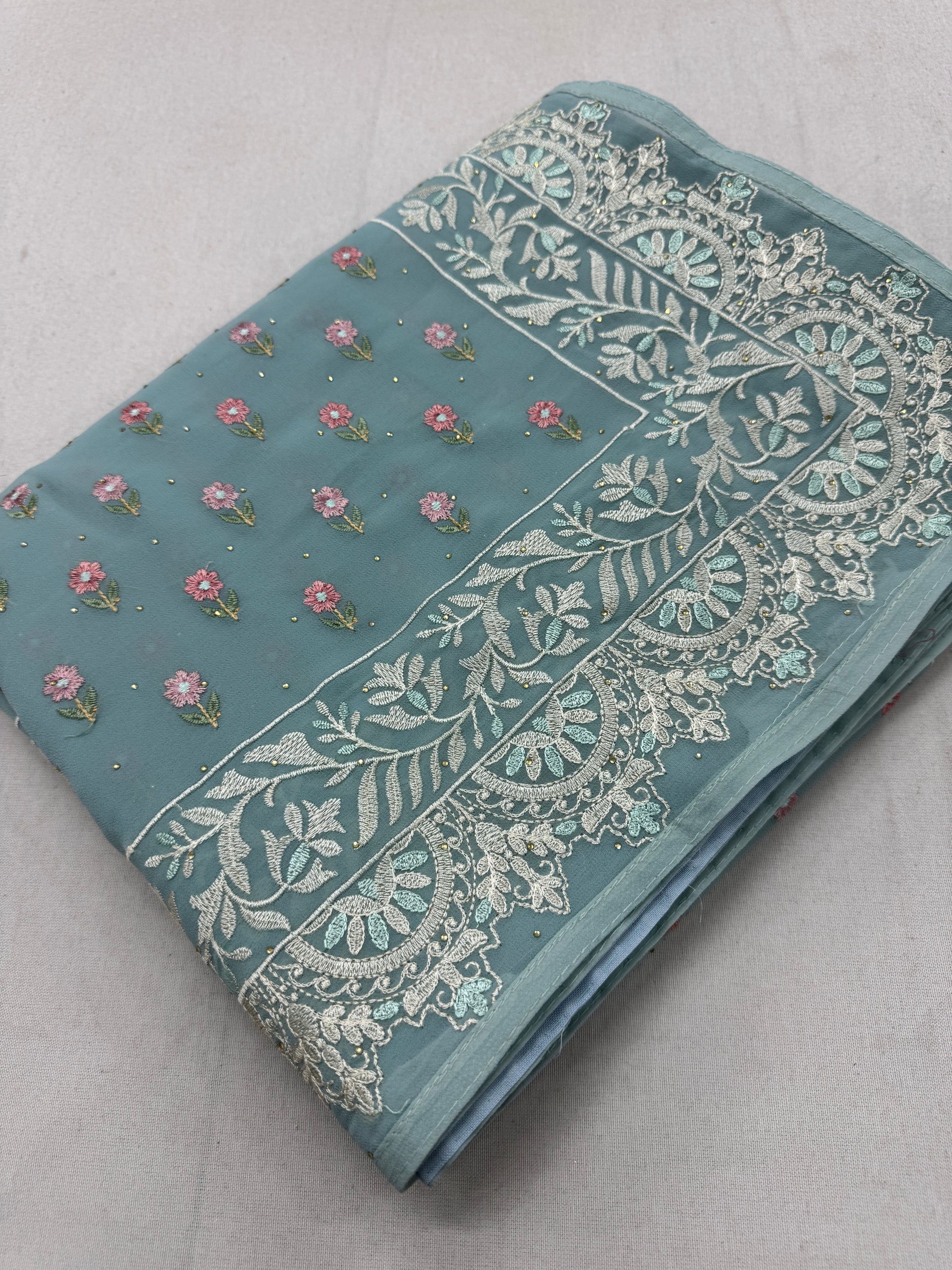 Grace | Sky Blue Georgette Partywear Saree | Pastel Floral Booti Embroidery image 1