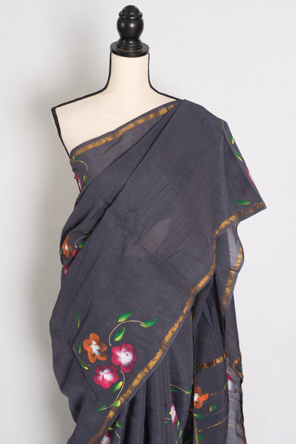 Grey Chanderi saree — detail view