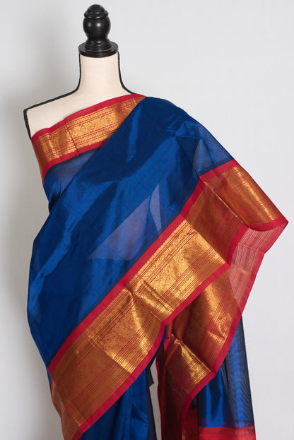 Mala : Royal Blue and Red Cotton Silk Kanjivaram Saree with 38 Size Blouse image 6