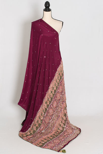 Naheed | Wine Color Mirror Work Partywear Ajrakh Saree | Bollywood Inspired image 1