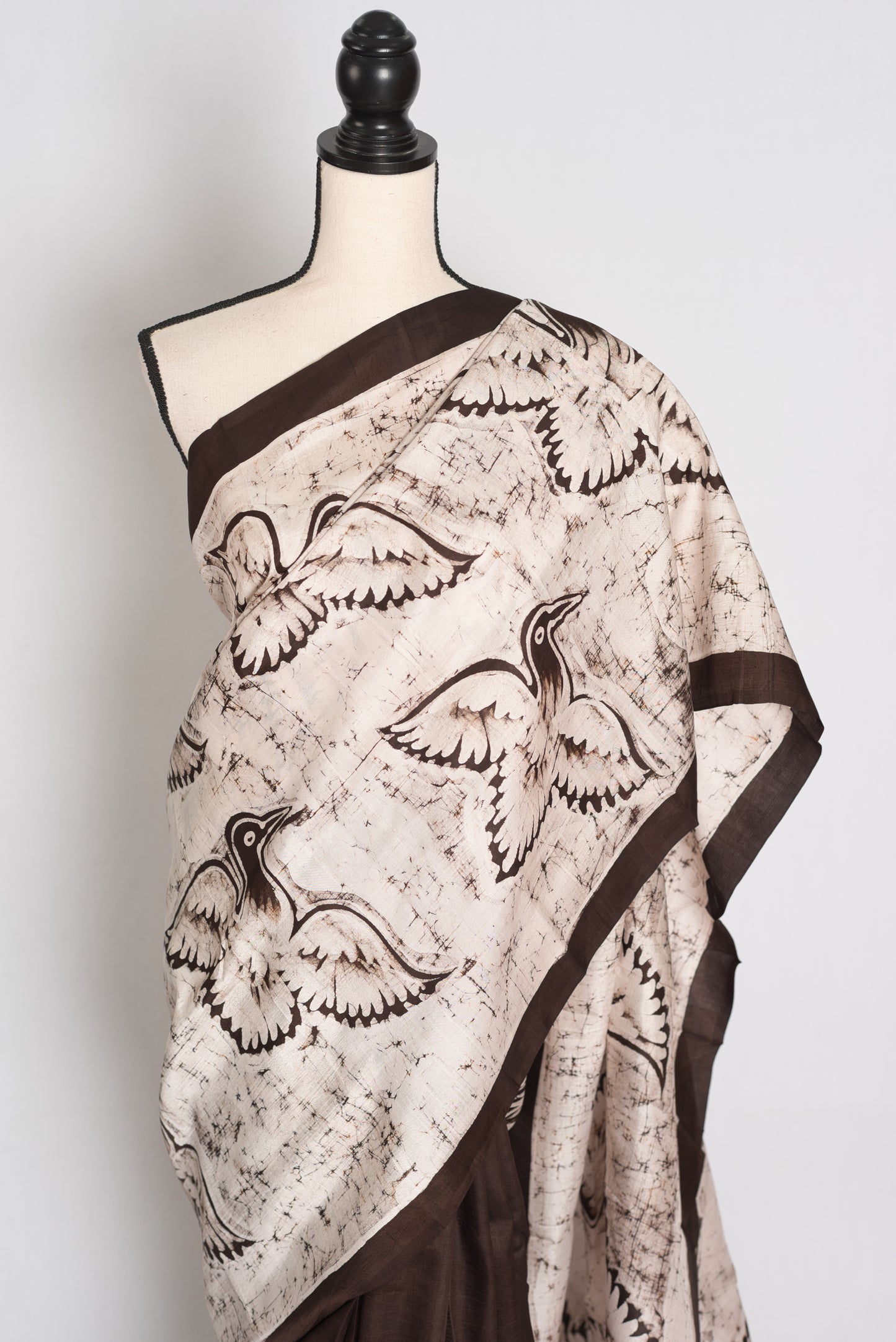 Bristi : Off-White and Coffee Brown Half and Half Hand Batik Pure Silk Saree image 6
