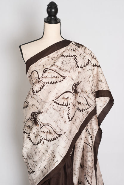 Bristi : Off-White and Coffee Brown Half and Half Hand Batik Pure Silk Saree image 6