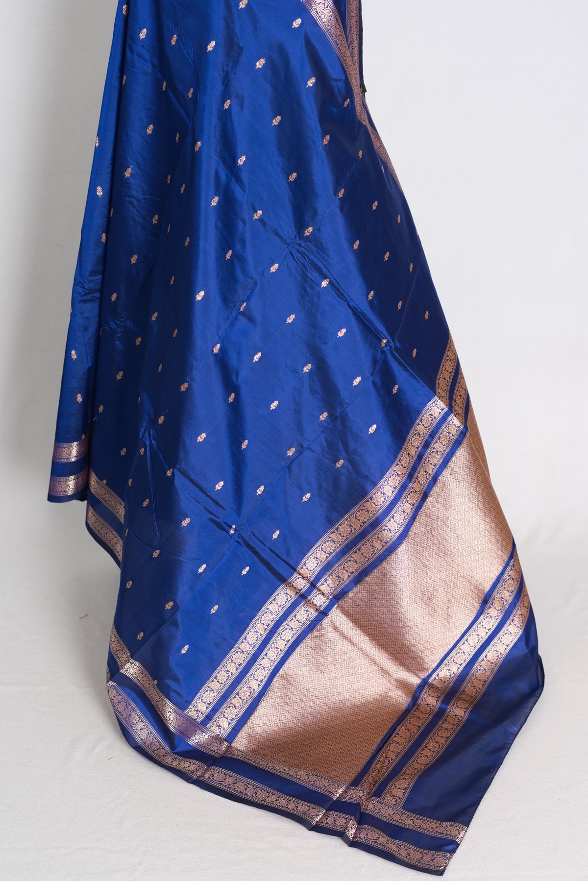 Royal Dark Blue and Antique Gold Banarasi saree — detail view