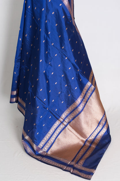 Royal Dark Blue and Antique Gold Banarasi saree — detail view